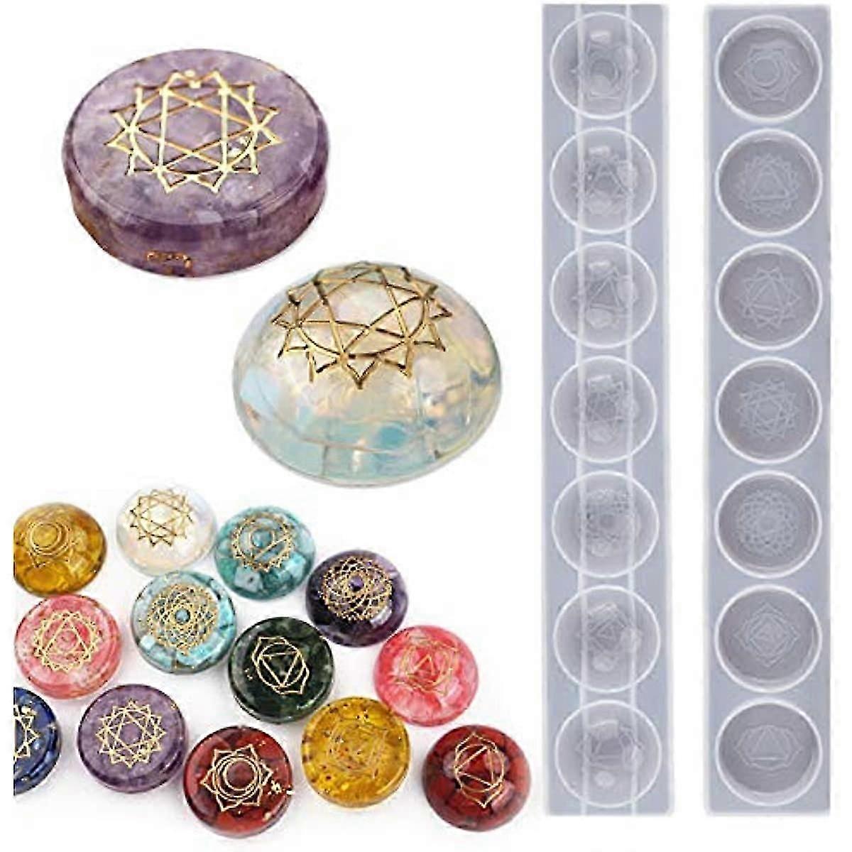 7 Chakra Stones Resin Molds 2 Pack Silicone Round Reiki Healing Crystal with Engraved Chakra Symbols Epoxy Resin Casting Mould DIY Crafts Jewelry Pend