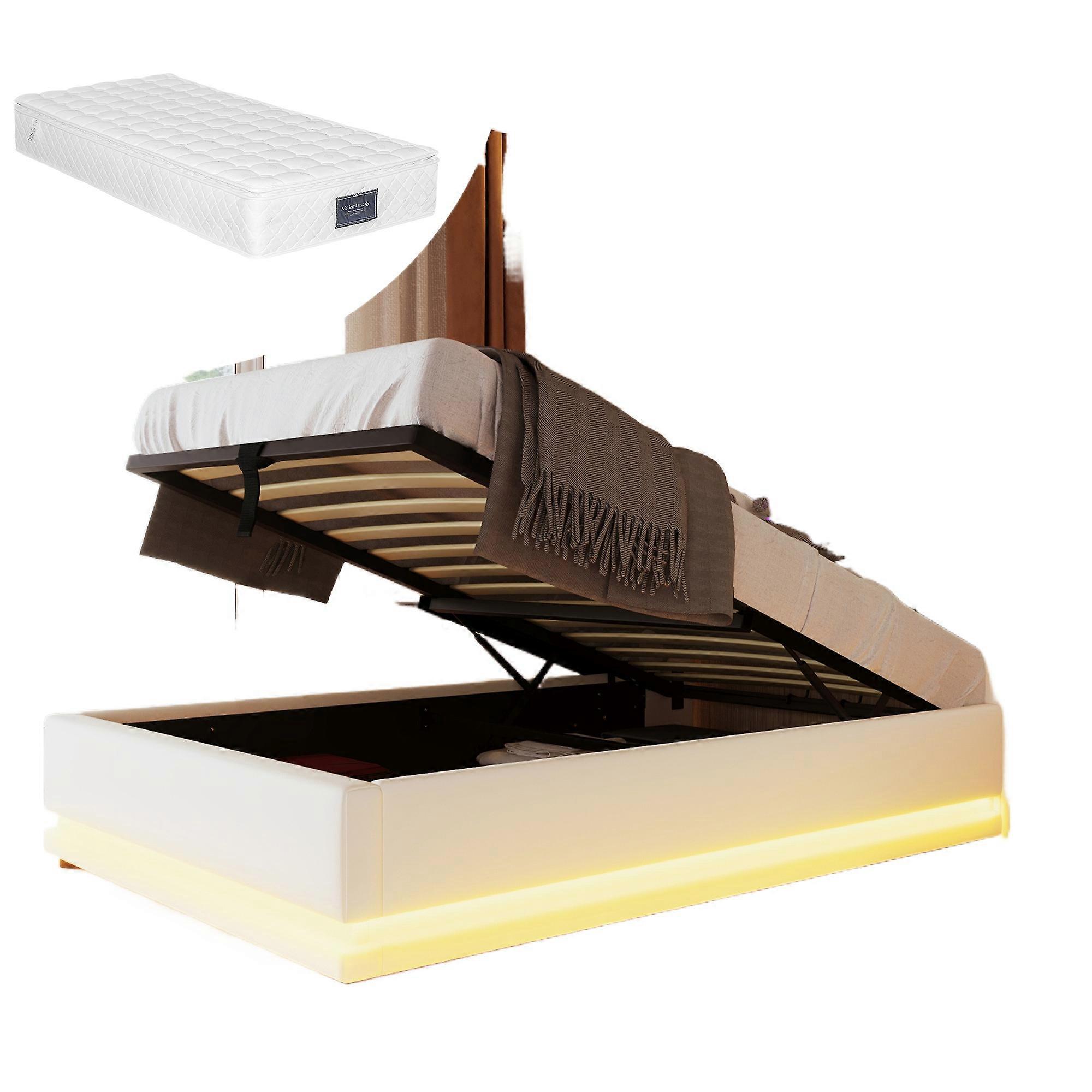Hydraulic LED Storage Bed White PU Single 3 Side USB C No Mattress