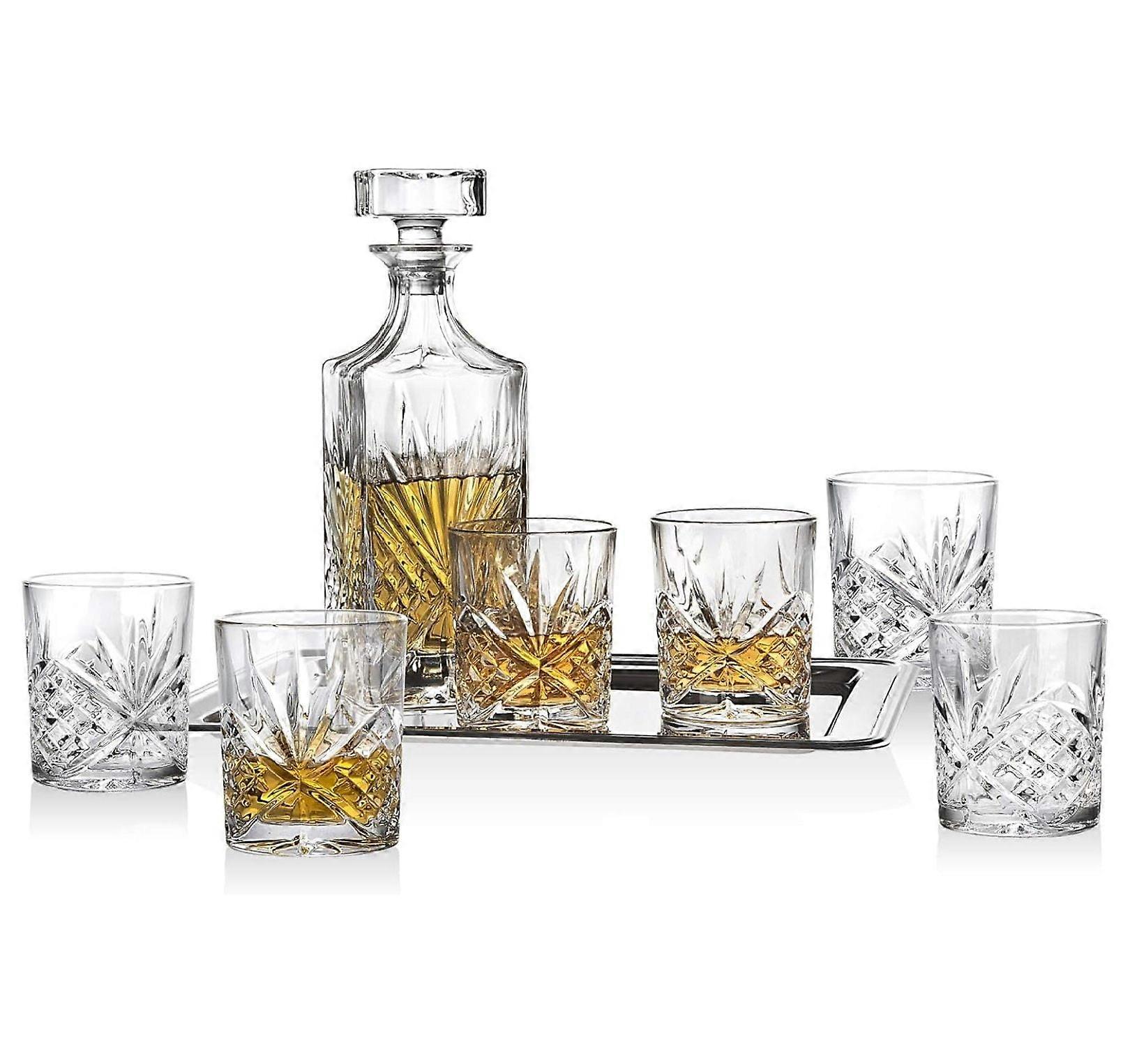 Dublin Whiskey Bar Set - Includes Whisky Decanter, 6 Old Fashioned Glasses and Mirrored Display Tray