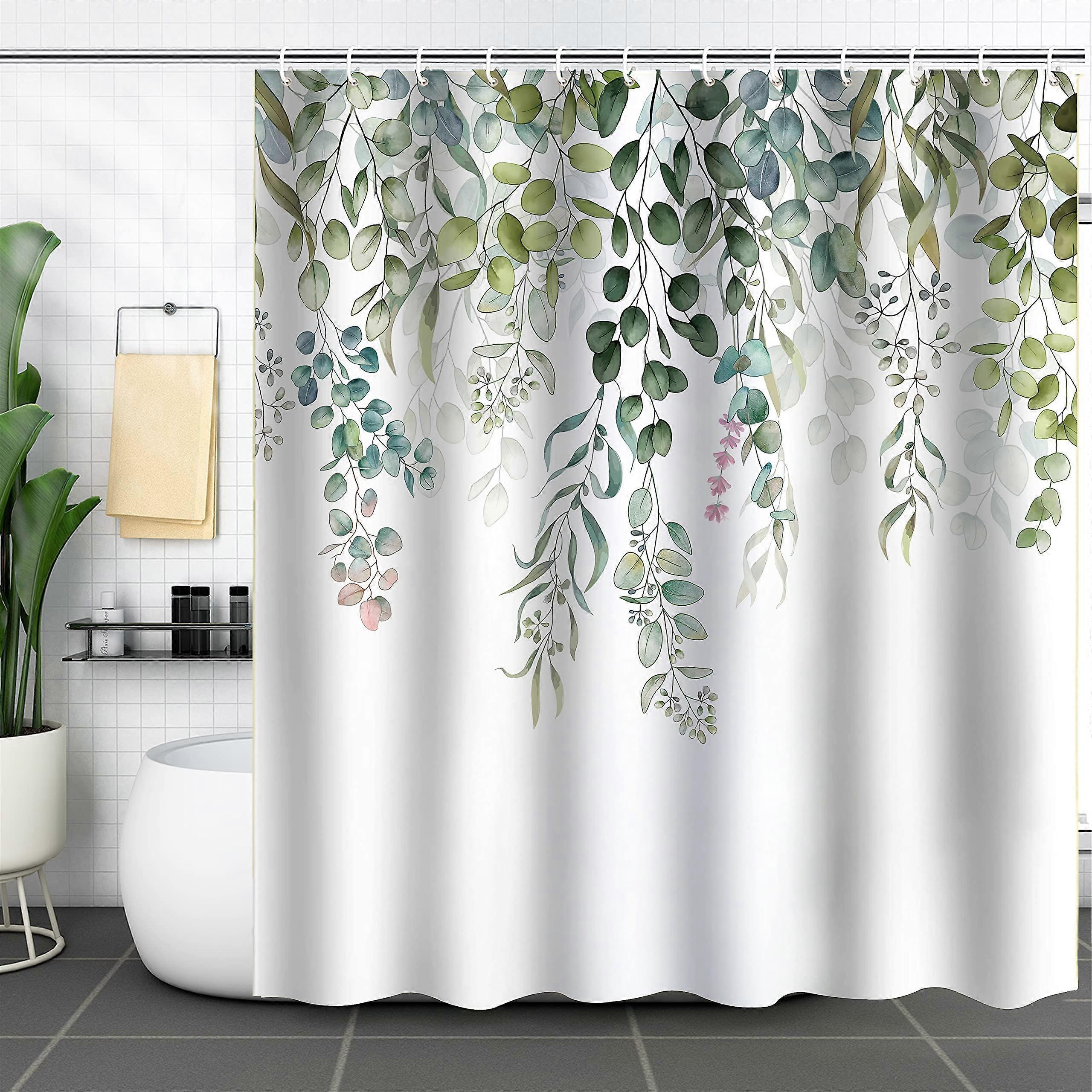 Shower Curtain Mould Proof Mildew Resistant 183x183cm Green Leaves Waterproof Polyester Fabric with 12 Hooks and Weighted Hem