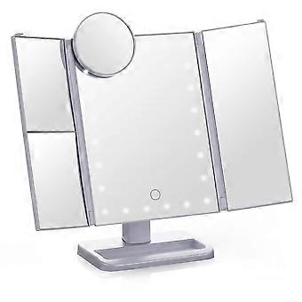 Lustro do makijażu ZENGO Tri-Fold, lusterko kosmetyczne 1X/2X/3X/10X, lusterko kosmetyczne stołowe, zasilane bateriami lub przez USB, z oświetleniem LED i przełącznikiem dotykowym (białe)