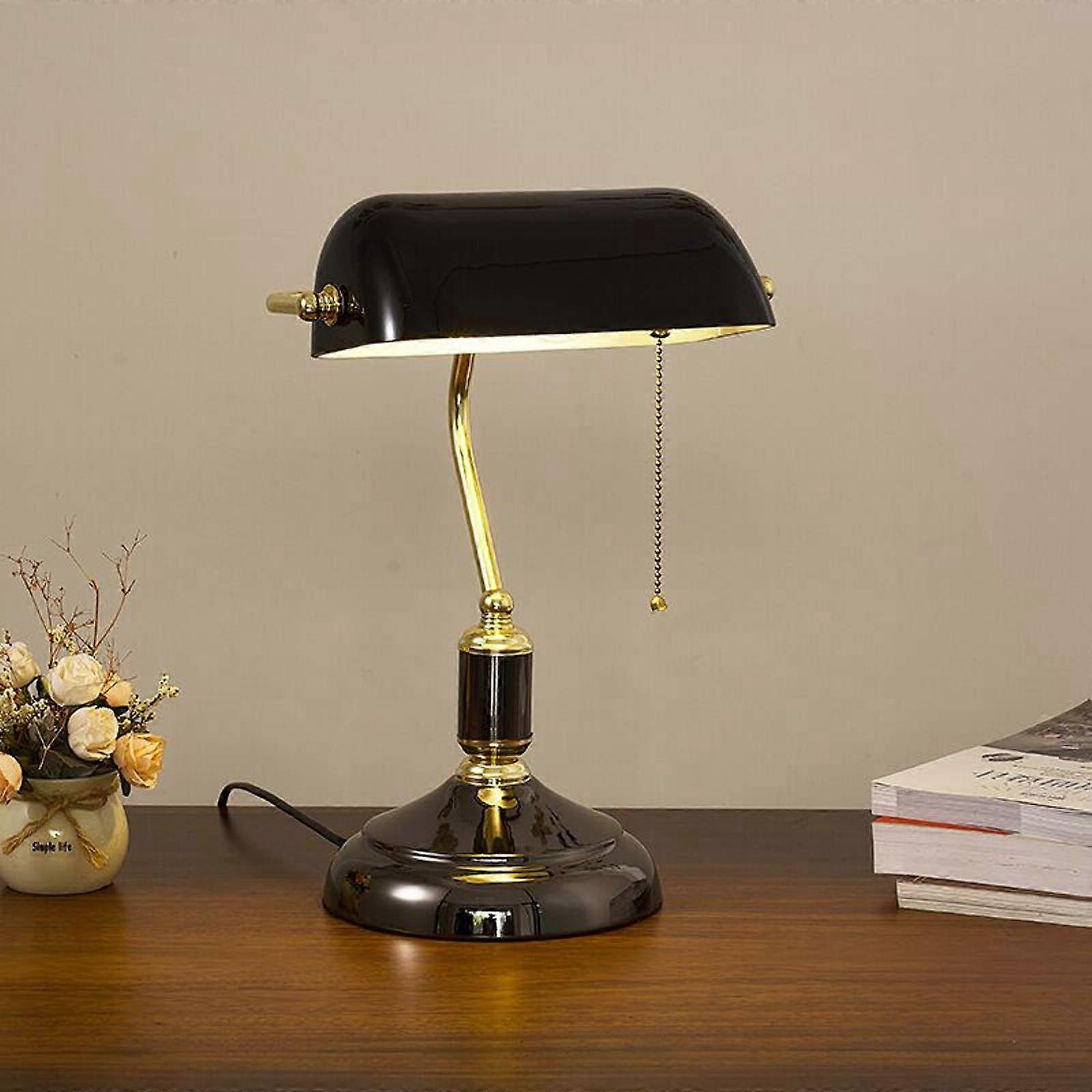 Lamp Desk Light, NotaryStyle With Pull Switch, Black Glass Shade, Antique Metal Finish, E27 Base