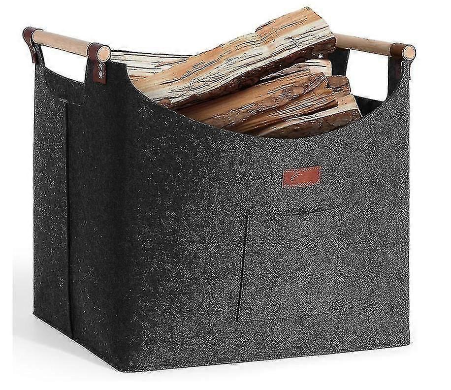 木製のハンドルが付いている大きい暖炉の木製のバスケット-薪、ショッピングおよび新聞のためのフェルトのバスケット