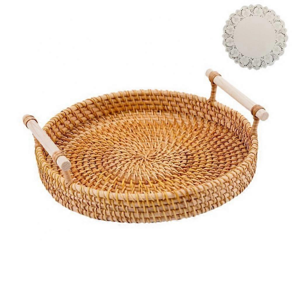 Rattan Round Bread Serving Basket Handcrafted Bread Serving Tray Platter with Wooden Handle
