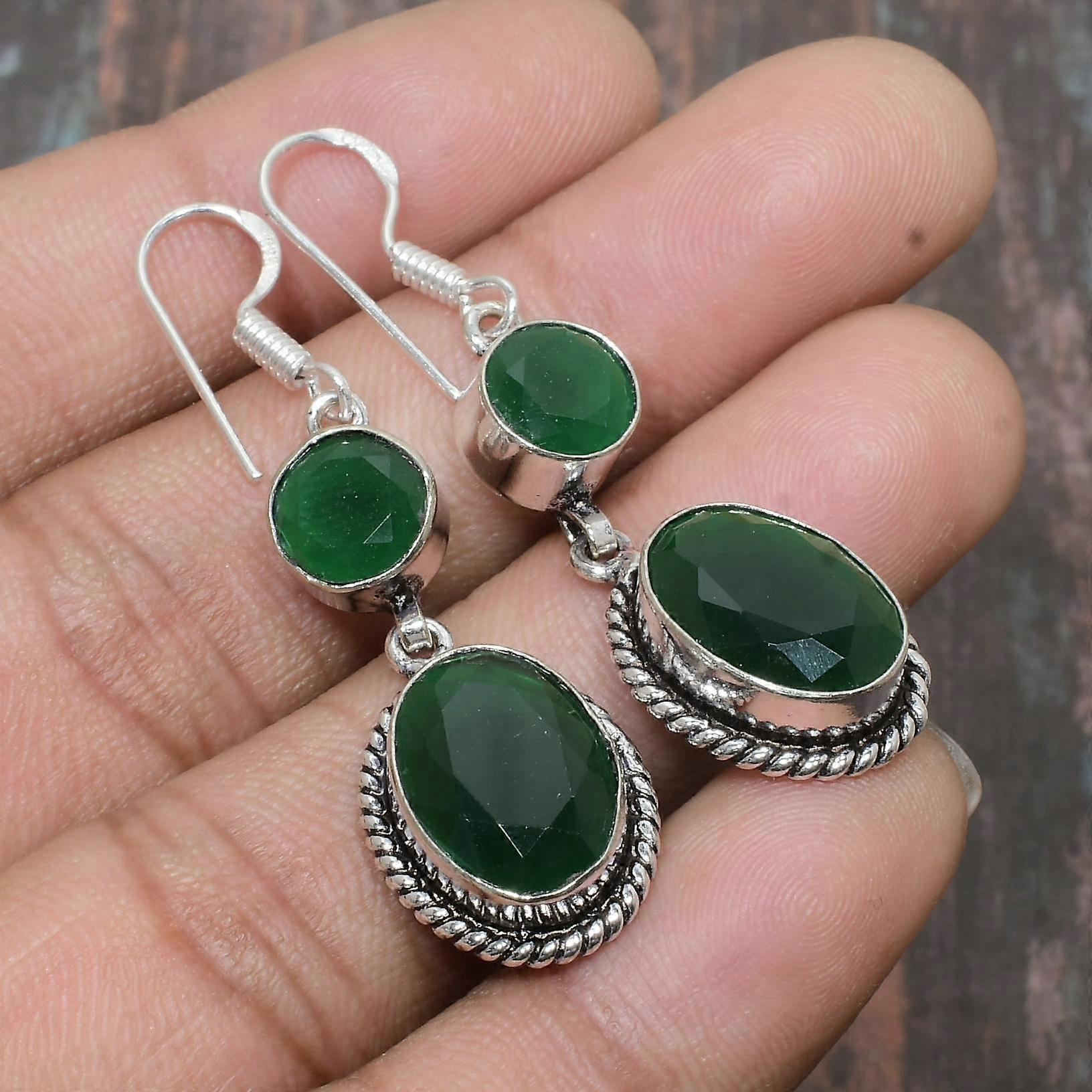 Smuk smaragd (simuleret) ædelsten håndlavet 925 sterlingsølv ørering