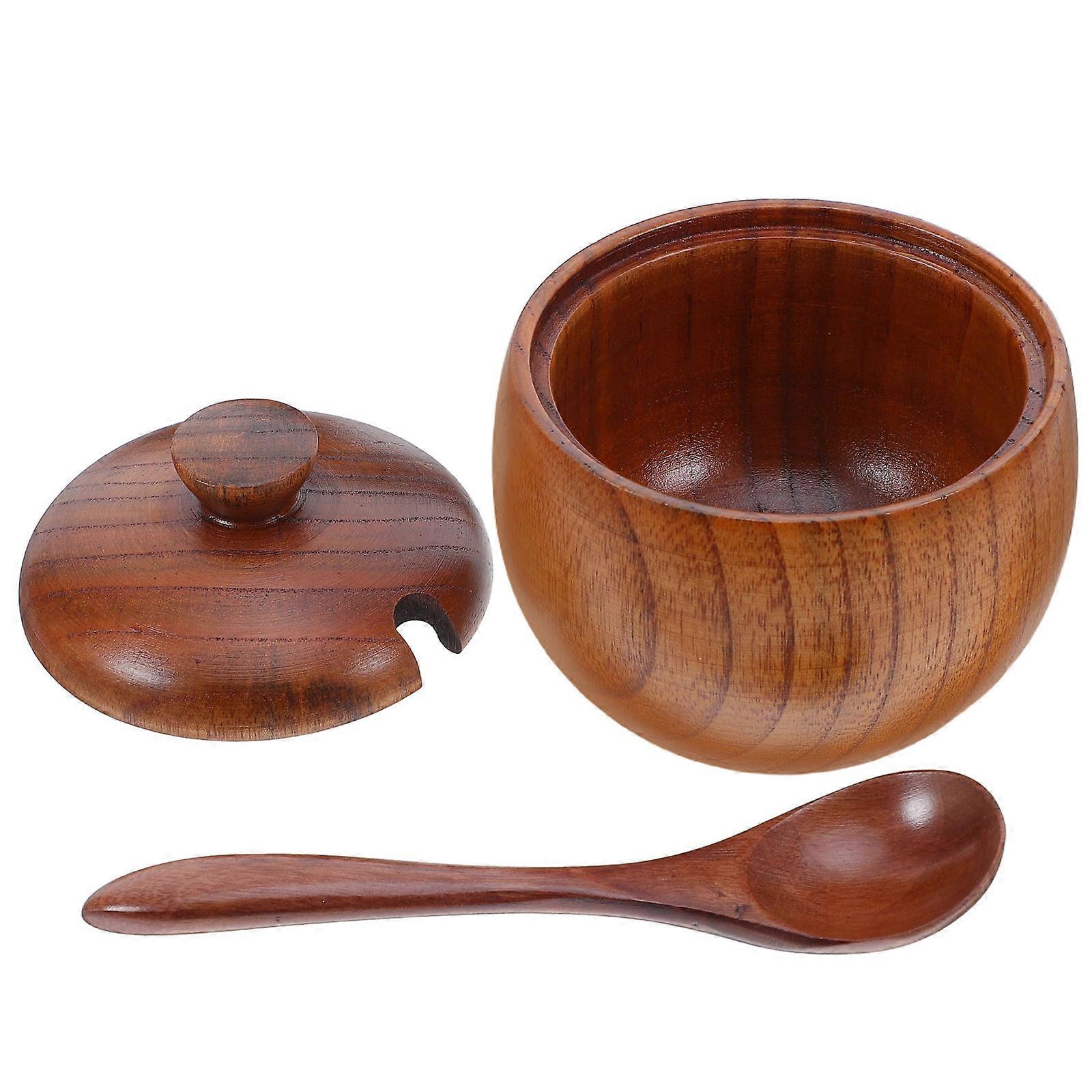 Wooden Condiment Jar with Spoon for Kitchen Storage Brown