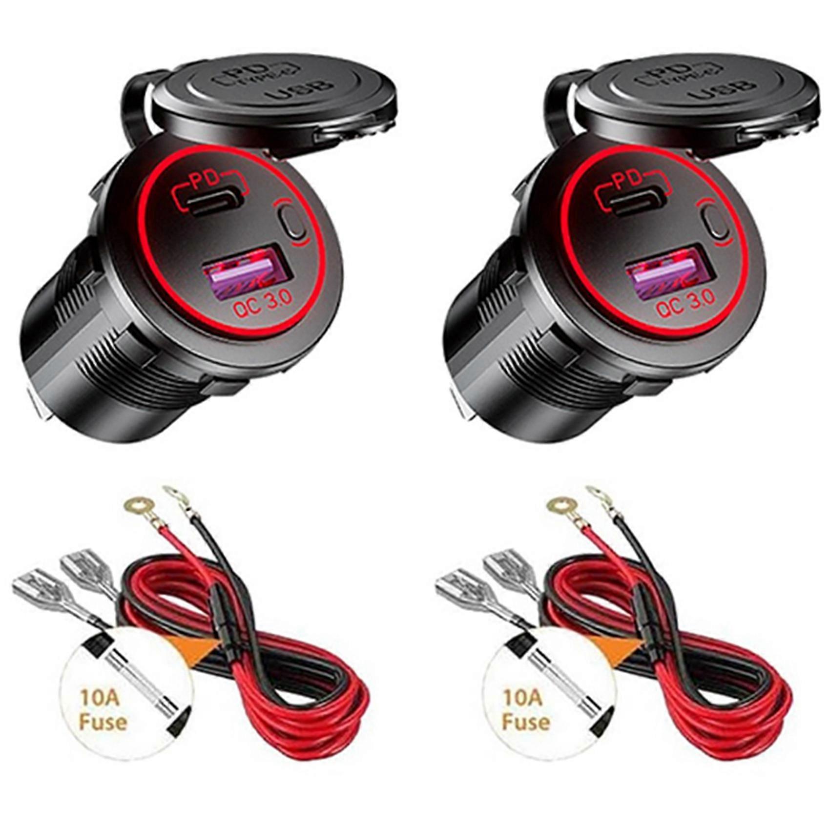 2X PD Type C USB Car Charger and QC 3.0 Quick Charger 12V Power Outlet Socket with ON/Off Switch for Motorcycle RV ATV