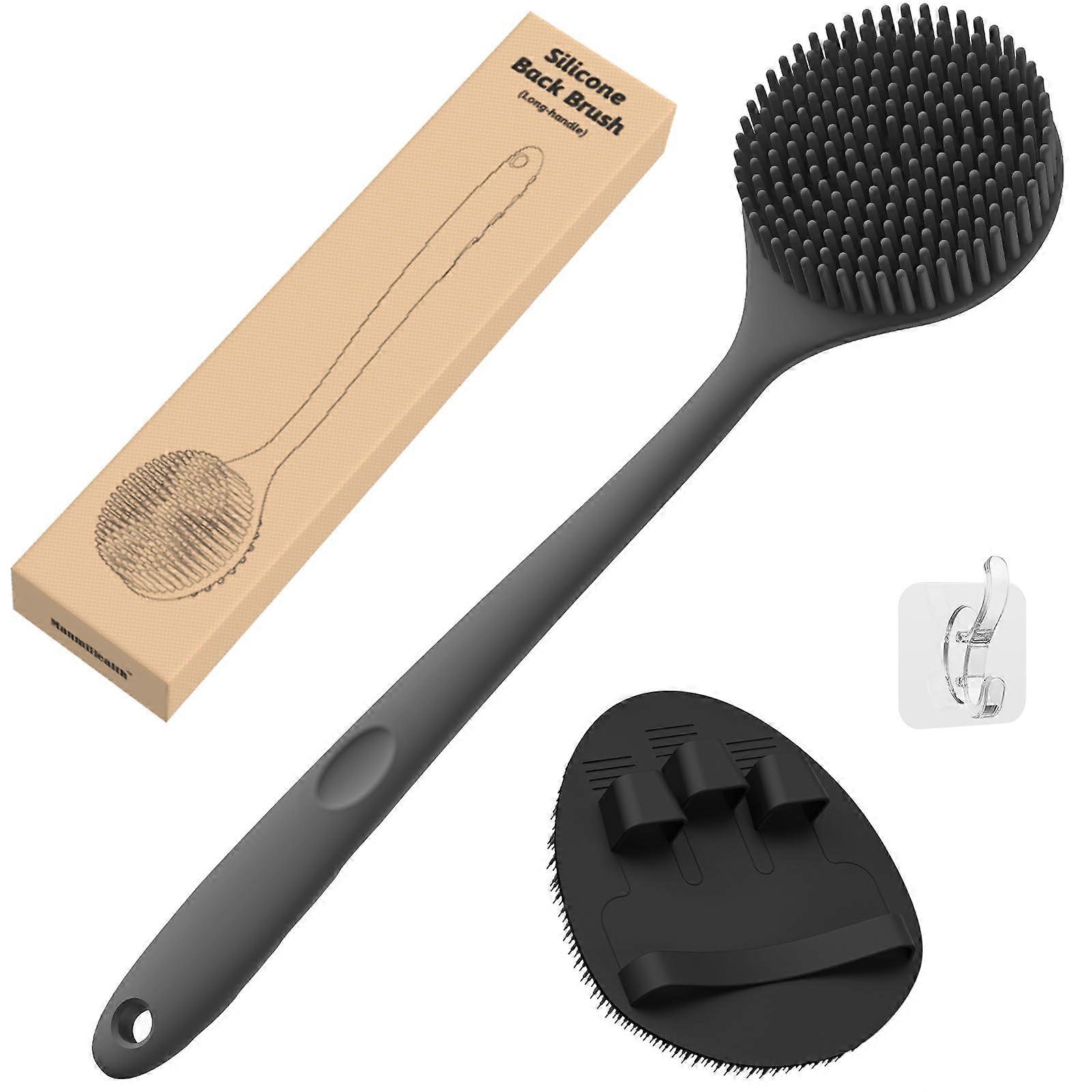 Silicone Back Scrubber with Long Handle and Thick Bristles, Exfoliating Bath Brush and Glove Set Black