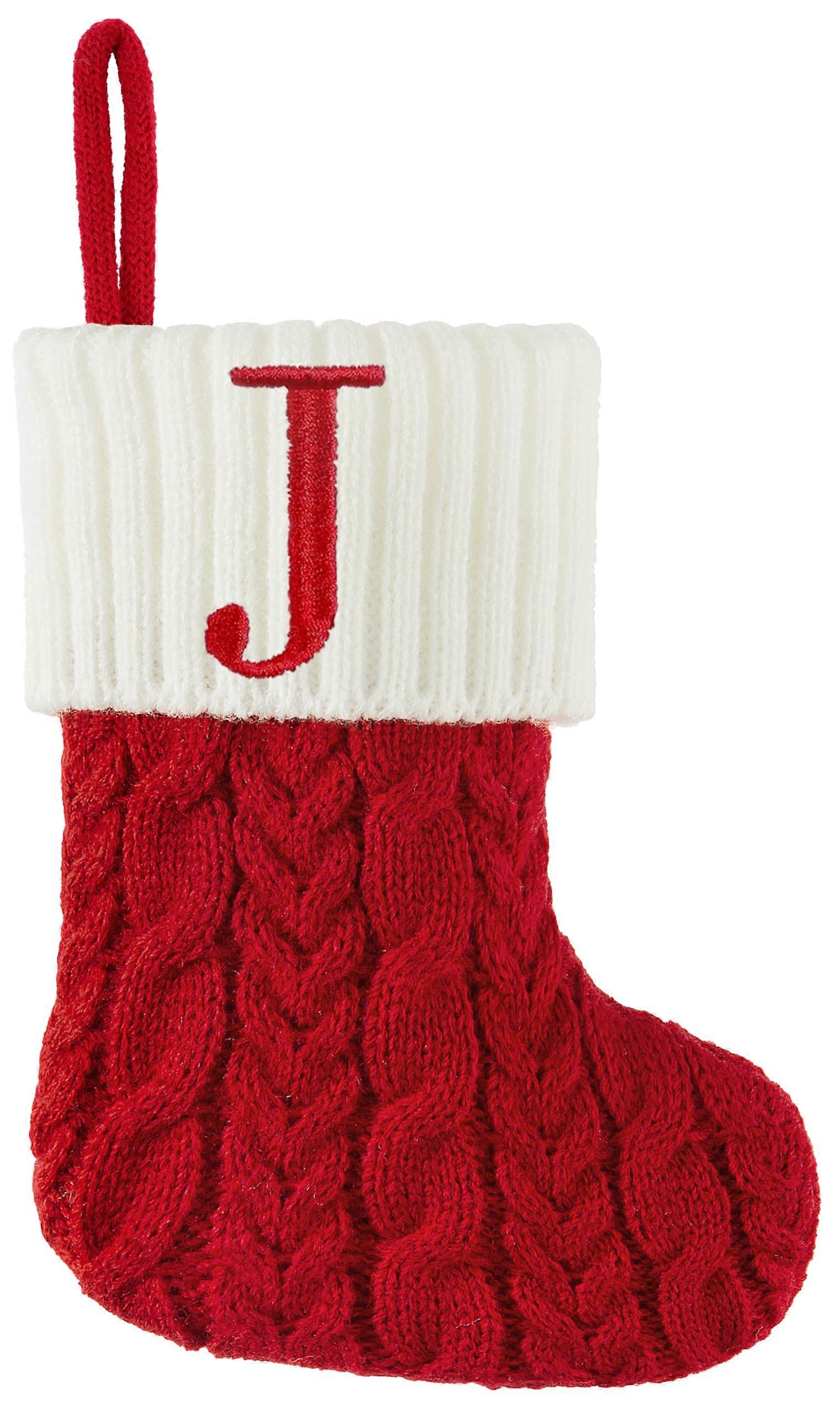 Christmas Stocking Mini 7 Inch Red White Knit with Embroidered Initial Letter J