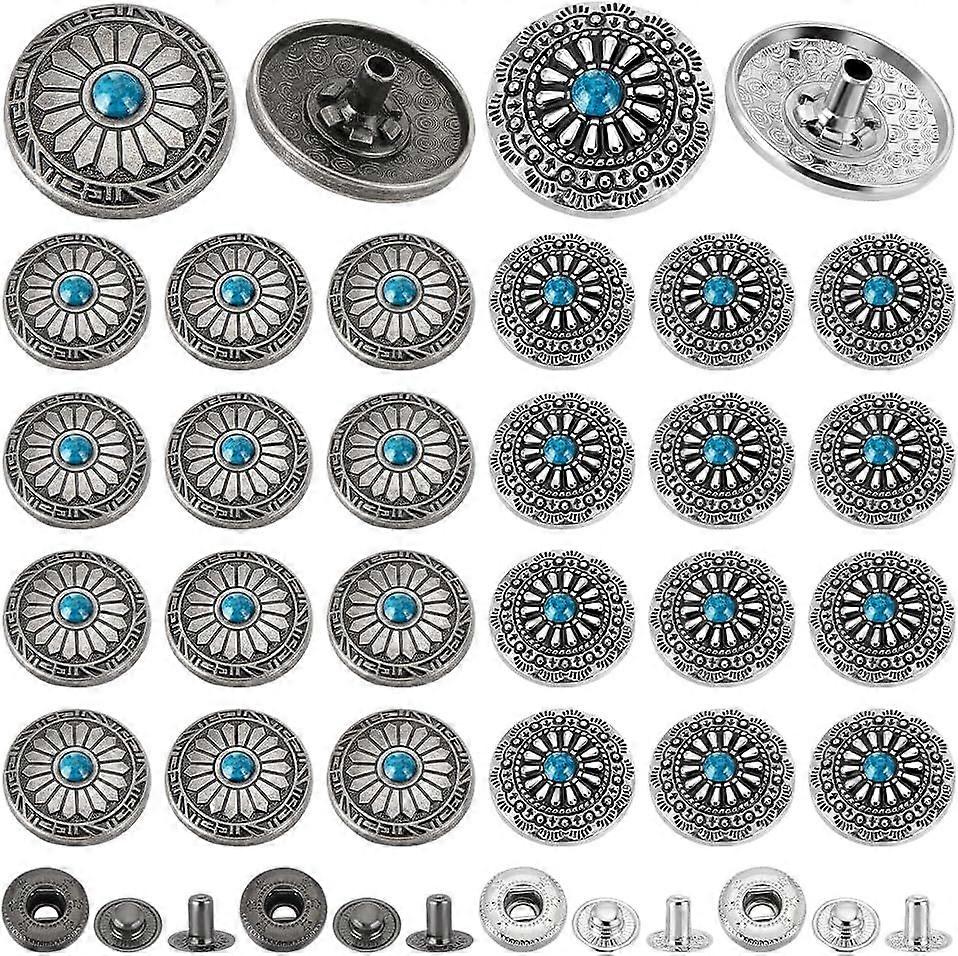 20 Sets Alloy Flower Decorative Buckles 2 Colors Metal Screw Back Button Retro Leather Screw Rivets Imitation Turquoise Round Shape Buttons for DIY Le