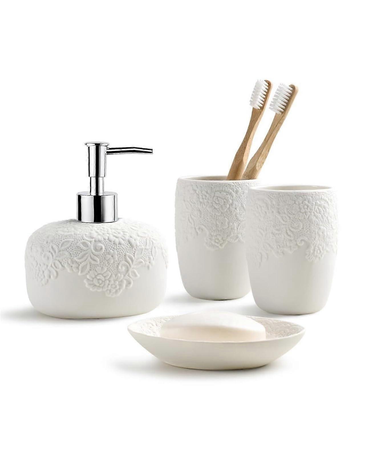 Bathroom Accessories Set White Ceramic 4PCS with Modern Embossed Design Durable Easy Clean
