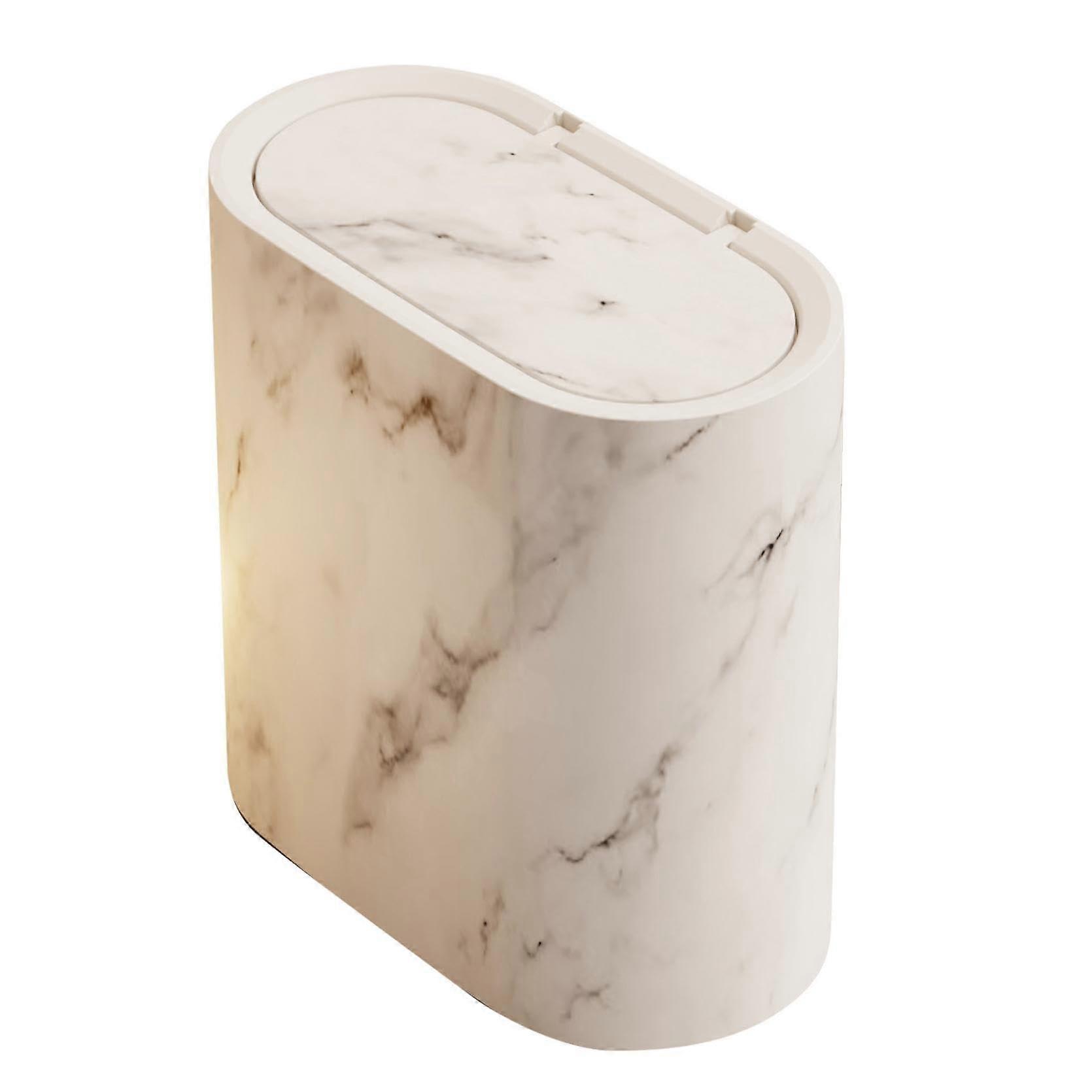 Bathroom Trash Can with Lid, Modern Marble Pattern, White Compact Waste Bin for Home or Hotel
