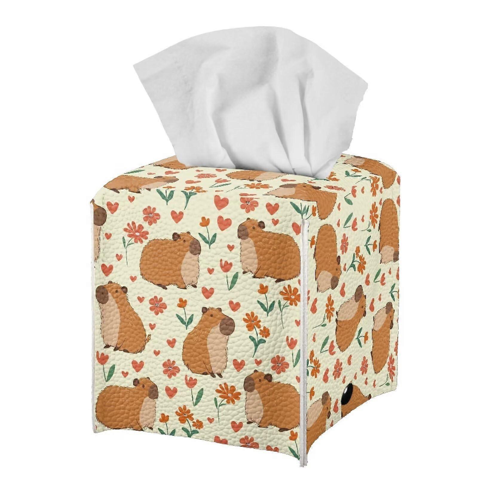 Waterproof PU Leather Tissue Box Cover with Decorative Capybara Pattern, Square Holder for Bathroom or Office