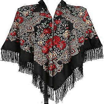 Xale poncho feminino tradicional retrô oversized de 62"*62" com franjas de borla e estampa floral.