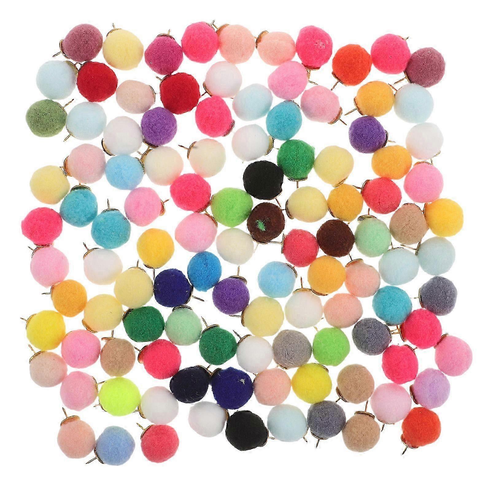 Multi Colored Fluffy Pom Pom Push Pins, 100Pcs, Decorative Thumb Tacks for Cork Board, Office Supplies