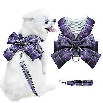 Hundesele og båndsett med Bowknot Classic rutete stropp og bånd, D Ring Little Girl Dog and Cat (Dark Purple S (anbefales for kjæledyr som veier 3-5