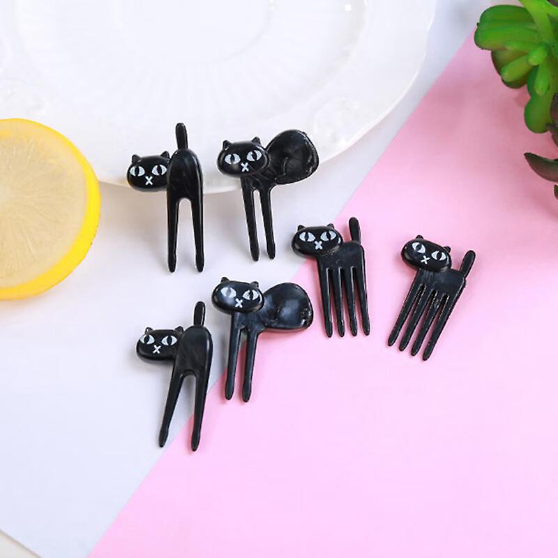 6pcs/set Black Cat Fruit Fork Cute Toothpick Gadgets Kitten Dessert Decoration Fork