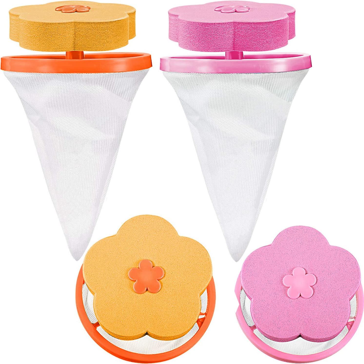 4 pièces réutilisable machine à laver attrape-peluches machine à laver domestique peluches sac en maille filtre à cheveux filet poche rondelle attrape-cheveux (rose, orange)