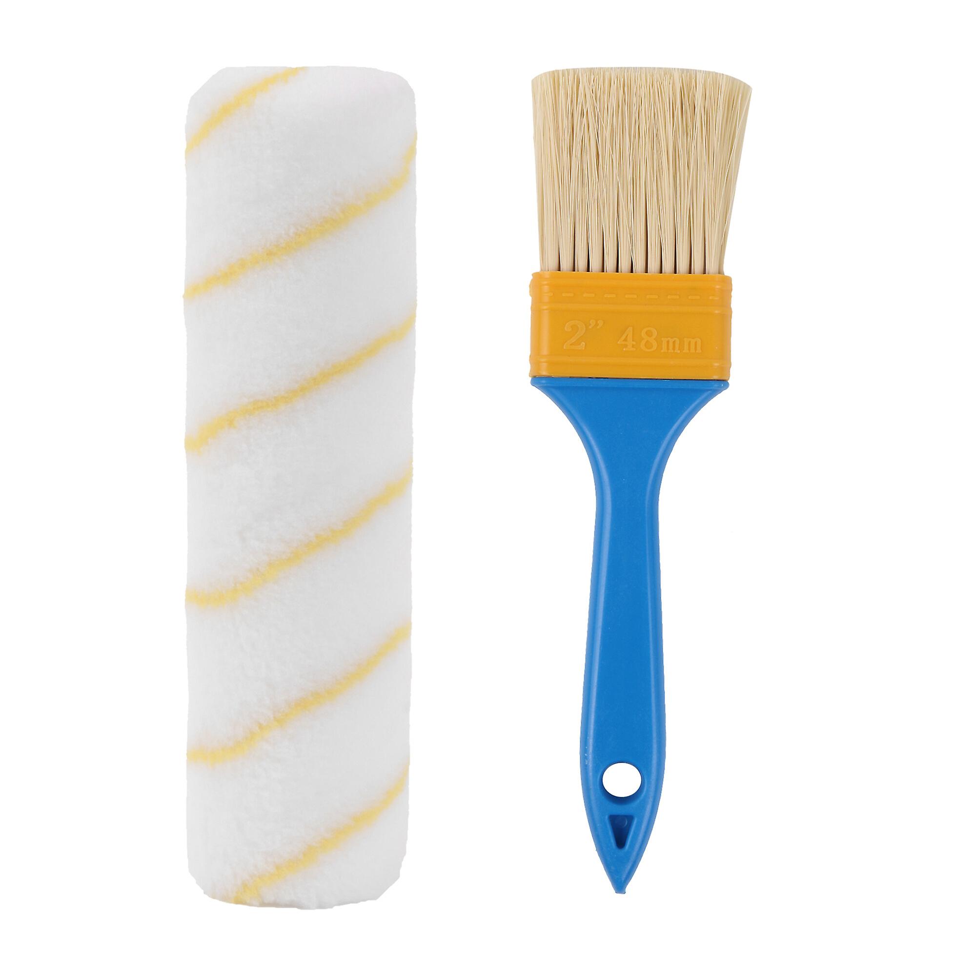 2 Pcs Flat Paint Brush w/ Blue Plastic Handle 2inch & 9inch Roller Cover