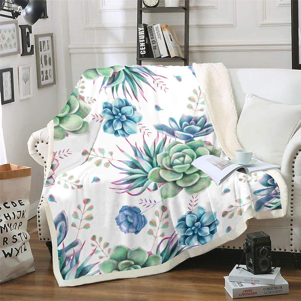 Boho Sukkulente Fleece Decke Botanisches Muster Sherpa Wurf Decke für Sofa Couch Erwachsene Bohemian Style Plüsch Decke Grüne Pflanzen Fuzzy Decke Zimmer