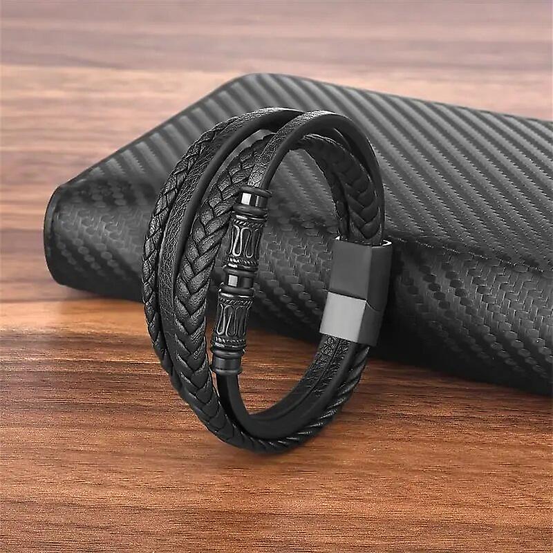 Classique Hommes En Acier Inoxydable Bracelet En Cuir Tissé À La Main Multi-couche Perles Bracelet Mode Homme Bijoux Dropshipping