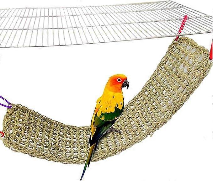 Bird Seagrass Mat,Natural Grass Woven Net Hammock Hanging on Parrot Cage with 4 Hooks,Parakeet Climbing Rope Ladder Chew Toys for Lovebird Cockatiel C