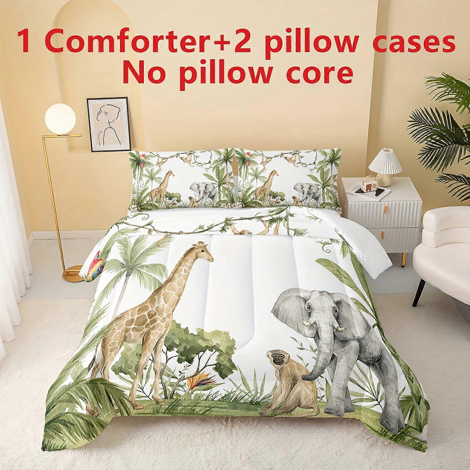 g1747 3pcs Elephants, Giraffes, And Monkeys Print Comforter Set For Girls Teens Boys, Soft Comfortable Comfortable Bedding Set, For Bedroom Guest Room