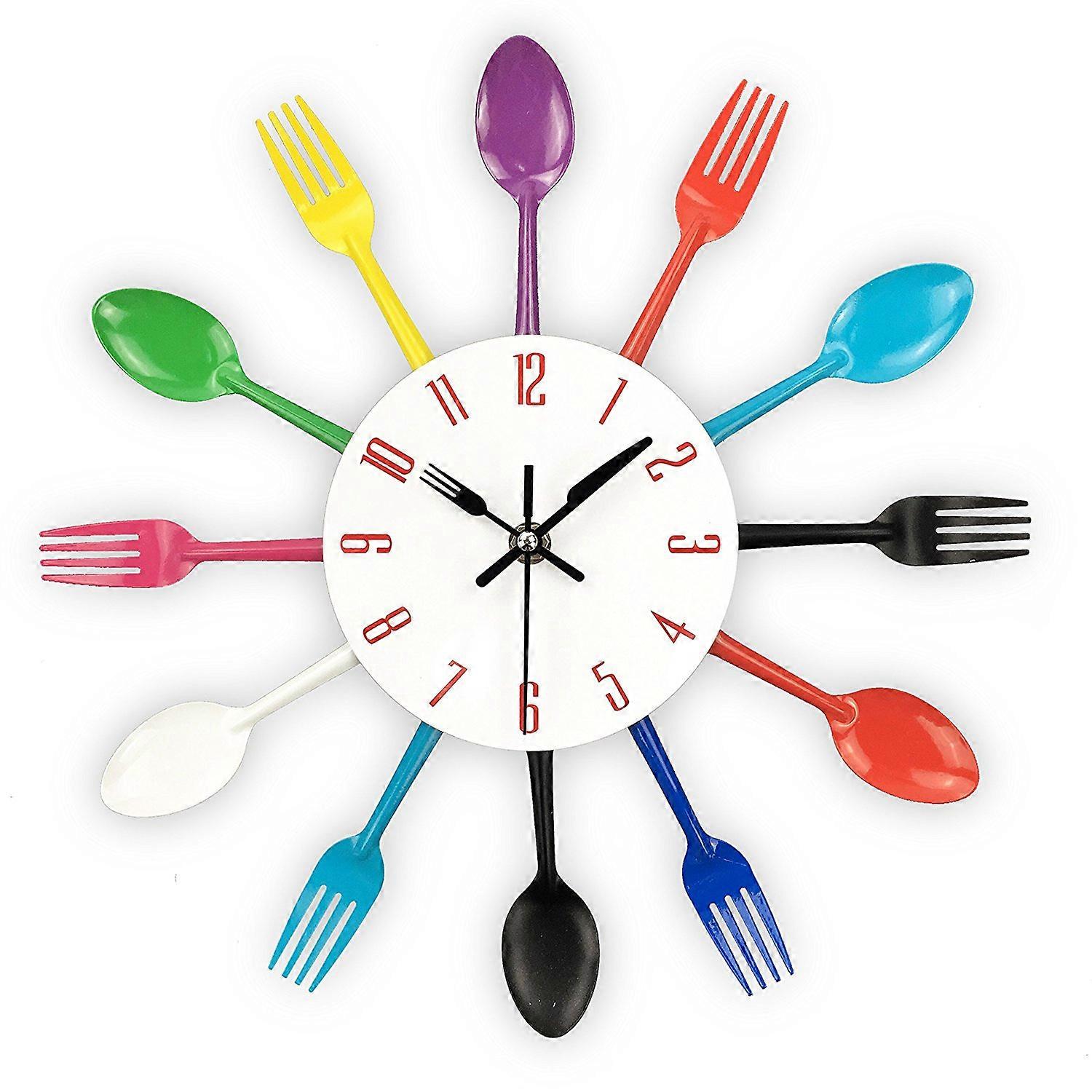 Kitchen Wall Clock, 3D Removable Modern Cutlery Kitchen Spoon Fork Wall Clock Mirror Wall Decal Wal