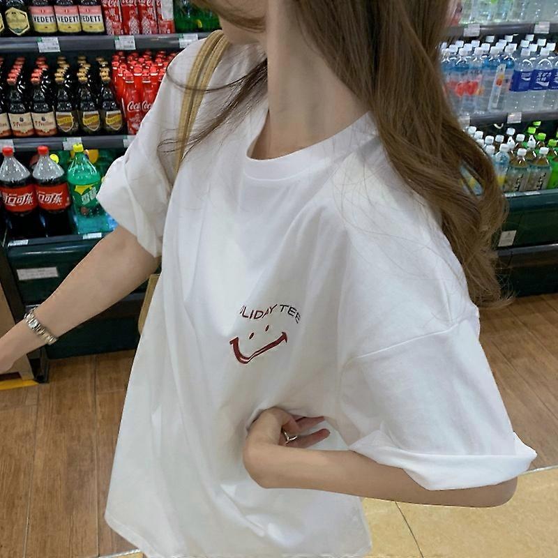 Summer new basic versatile T-shirt women's smiling face printed T-small casual loose top