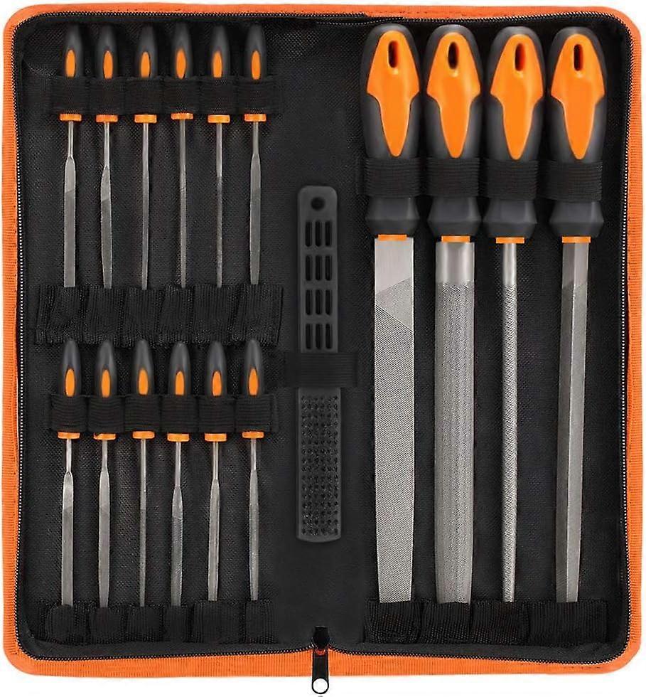 17 File Tool Set with Carrying Case, Premium T12 Forged Alloy Steel, Precision Flat/Triangular/Semi-Circular/Round Large File and 12 Needle Files/1 Br