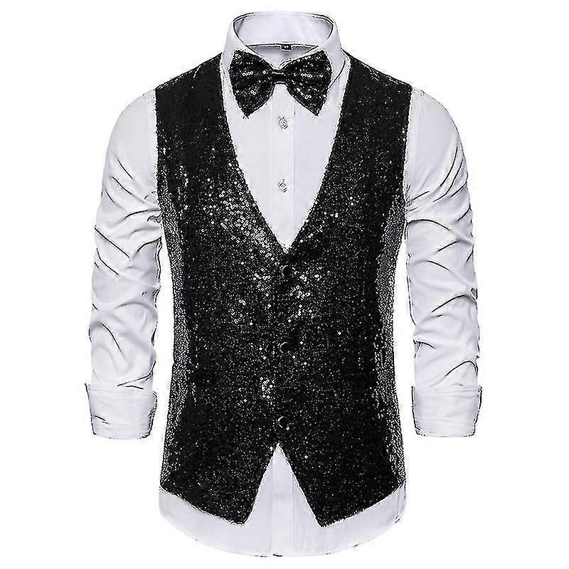 אפוד פאייטים בגזרה Slim Fit לגברים, מעיל מגן מבריק עם צווארון V