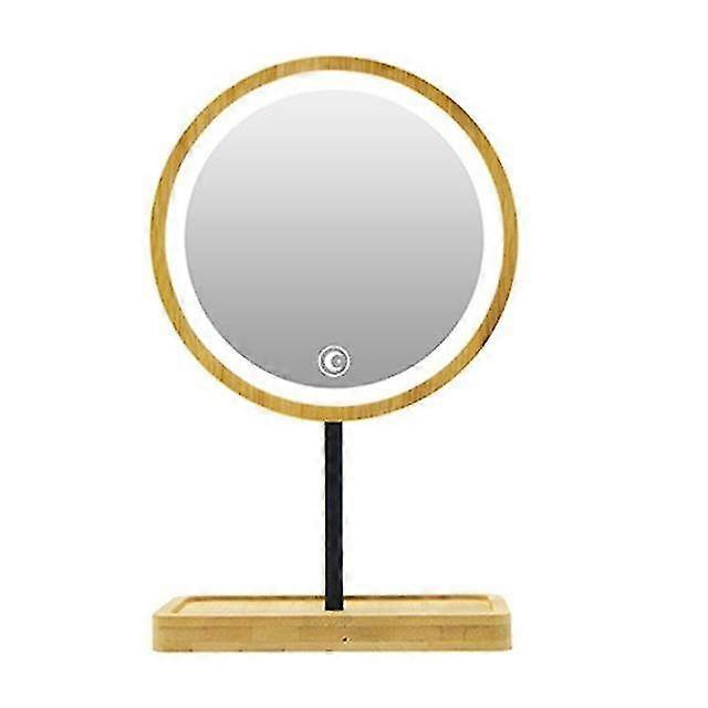 Wooden desktop led makeup mirror usb charging adjustable bright diffused light press screen beauty mirrors