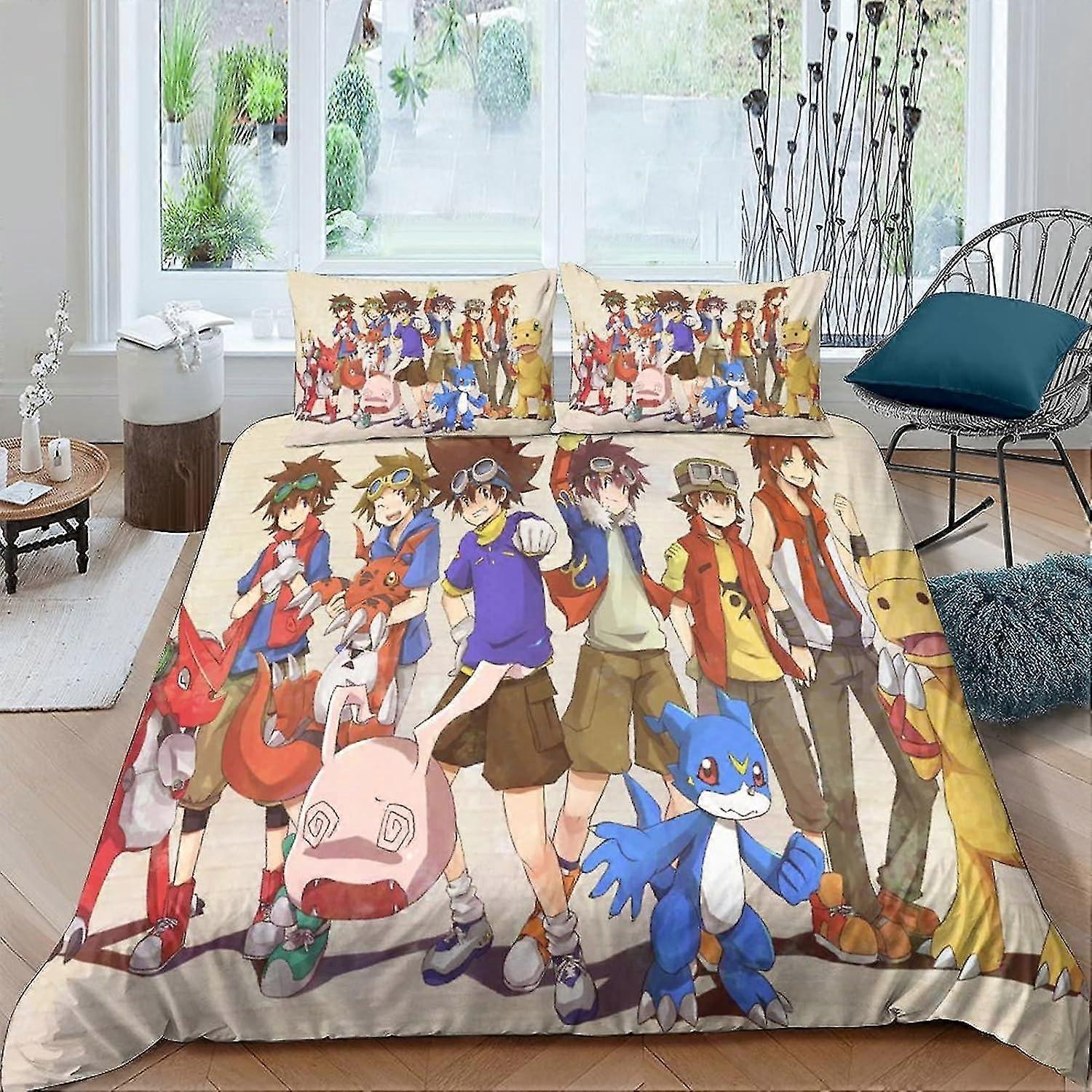 o3683 Lençóis Digimon 3D Print Capa de Edredão Roupa de Cama, Conjunto de 3 Peças Capa de Colcha de Jogo de Anime Fronha com Fecho de Zíper Lençol de Cama Dupla de Microfibra Macia