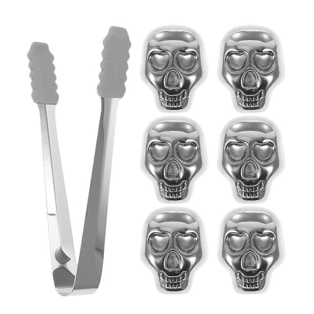 1 Set of Whiskey Stones Stainless Steel Whiskey Rocks Reusable Skull Shaped Ice Cube with Tongs Set