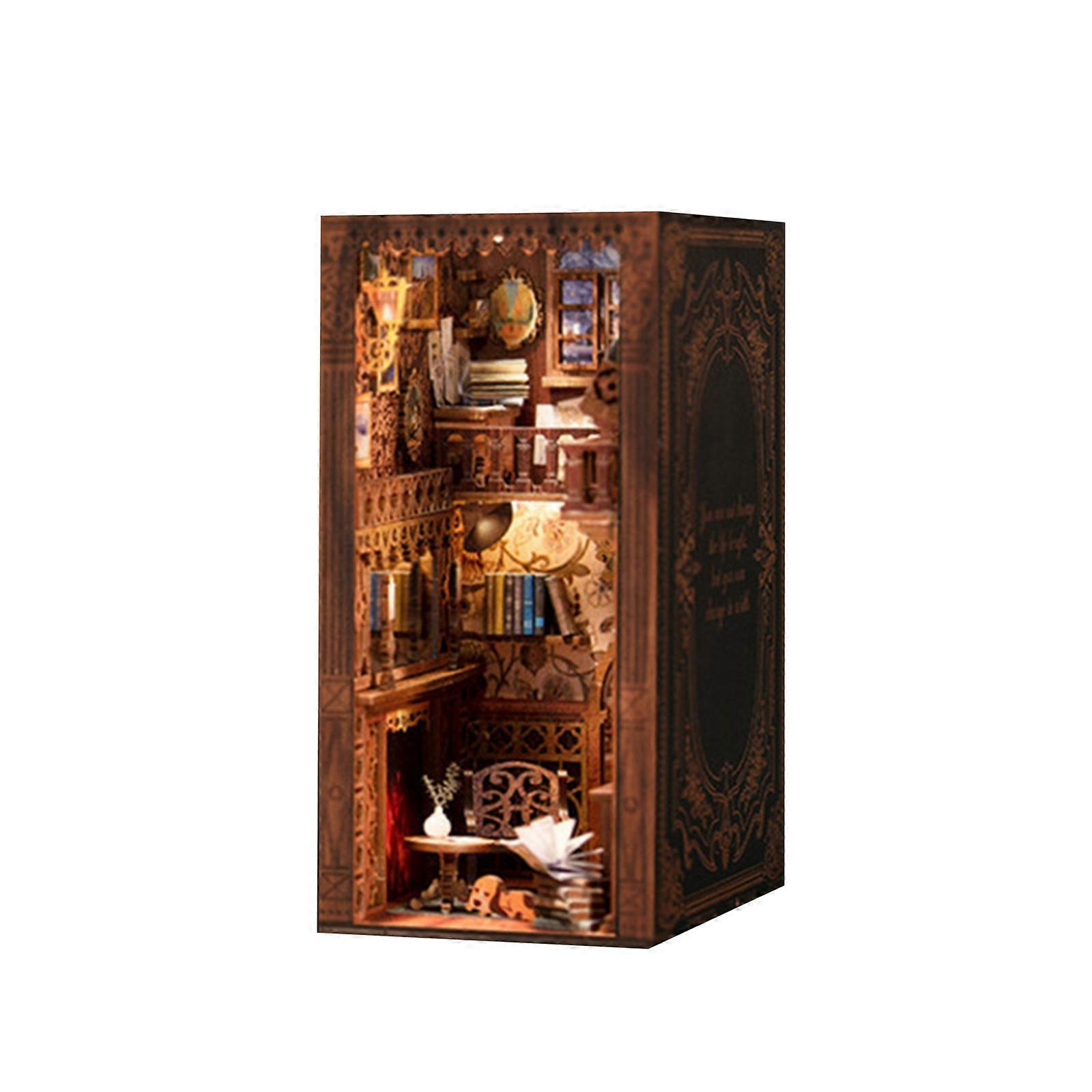DIY Book Nook Kit Bookend Stand Bookshelf Insert Bookcase Book Stand Miniature House Kit with Sensor Light 3D Wooden Puzzle Model Building Kit