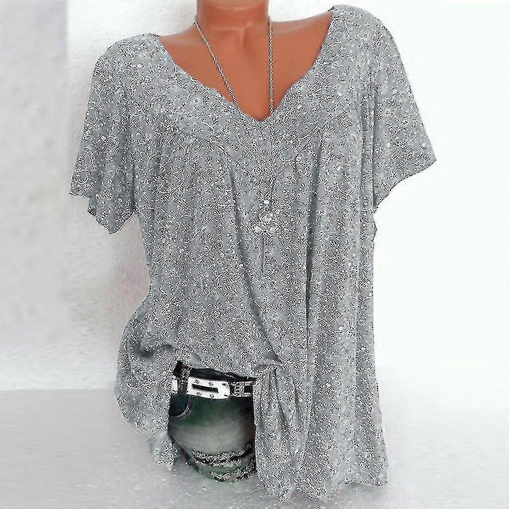 Kvinnor Plus storlek korta ärmar V-ringad tryck blus pullover toppar skjorta