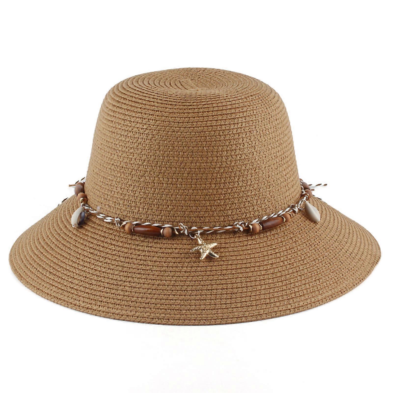 Women Sun Hat Solid Color Sea Shell Decor Braided String Flat Top Sunscreen Round Decorative Beach Hat Clothes Accessory