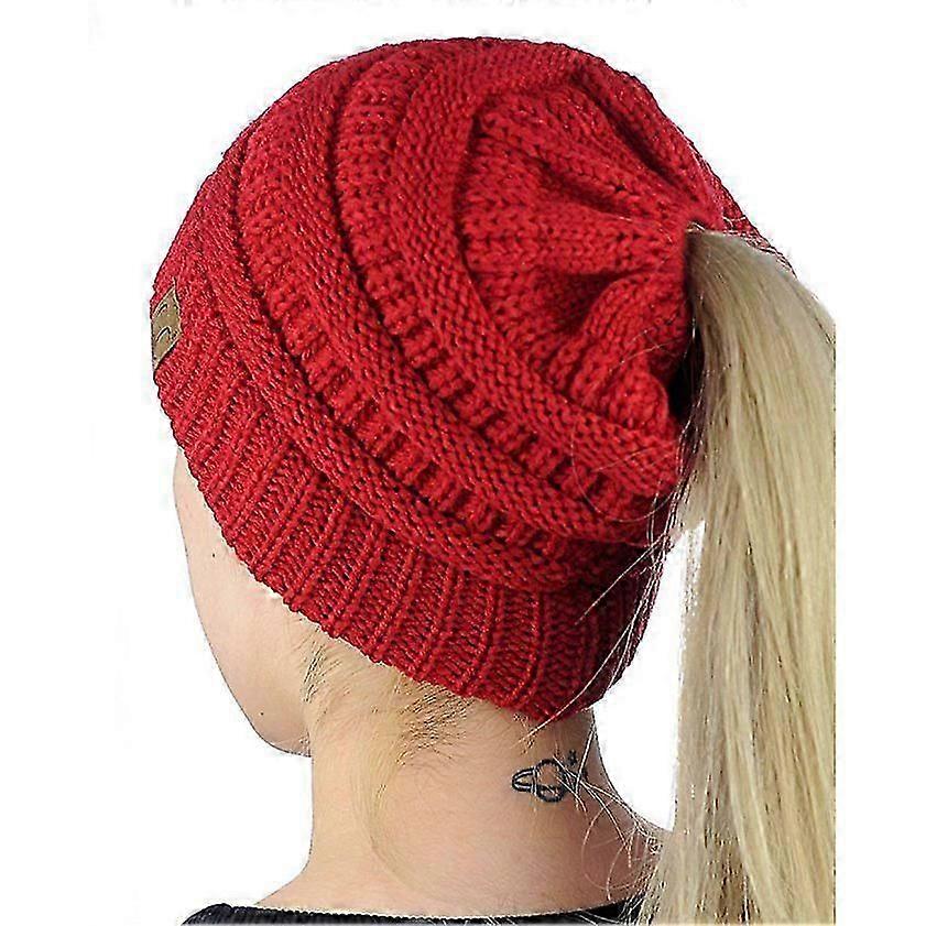 1pcs Soft Stretch Cable Knit Messy High Bun Ponytail Beanie Hat