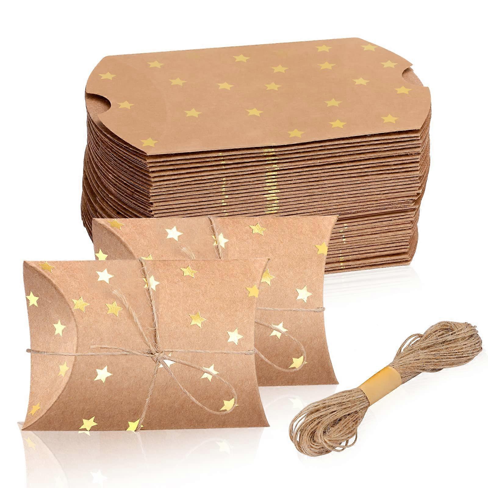 100 Small Kraft Pillow Gift Boxes with Jute String for Party Favors, Weddings, Birthdays, and Special Events