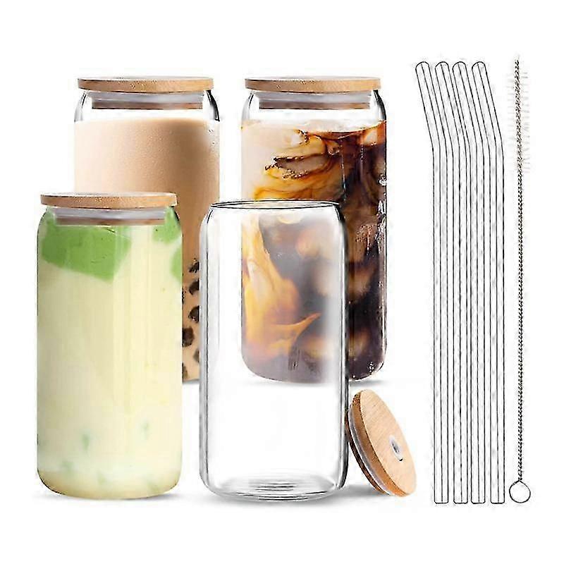 Bierdosenglas mit Bambusdeckel und Glasstrohhalmen