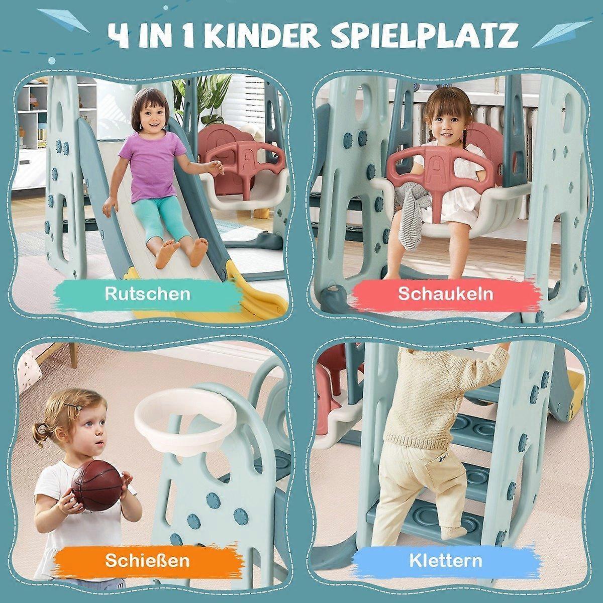 Children's swing with slide, height-adjustable seat, 4-in-1 swing & slide & basketball hoop & ladder for children