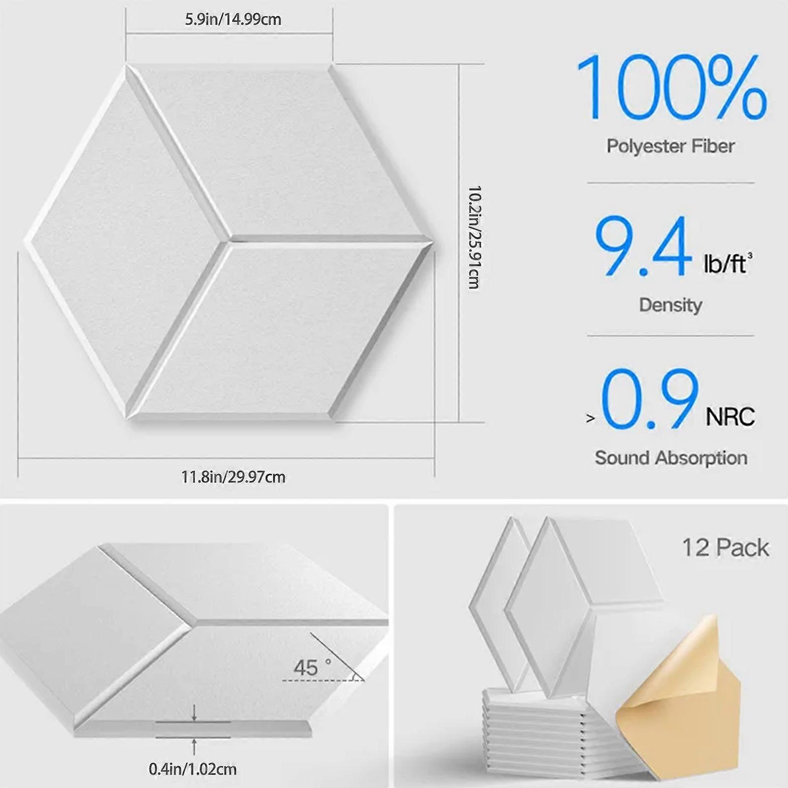 12Pieces Hexagonal Acoustics Foam Wall Panels Soundproof Wall Panel Sound Absorption Tiles Polyester Texture for Nursery  White