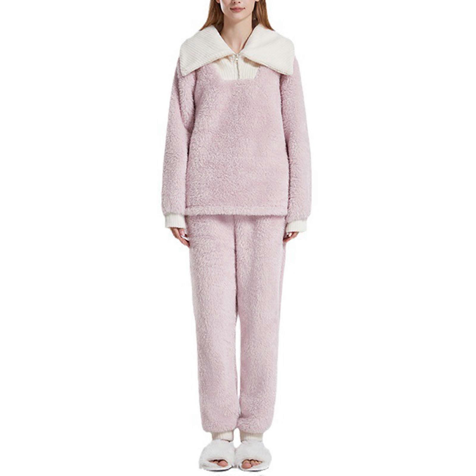 Plush Women's 2Pieces Pajama Set Flannel Fleece Zip Up Lapel Collar Pullover Sleepwear for Cozy Nights and Relaxing Days  XL