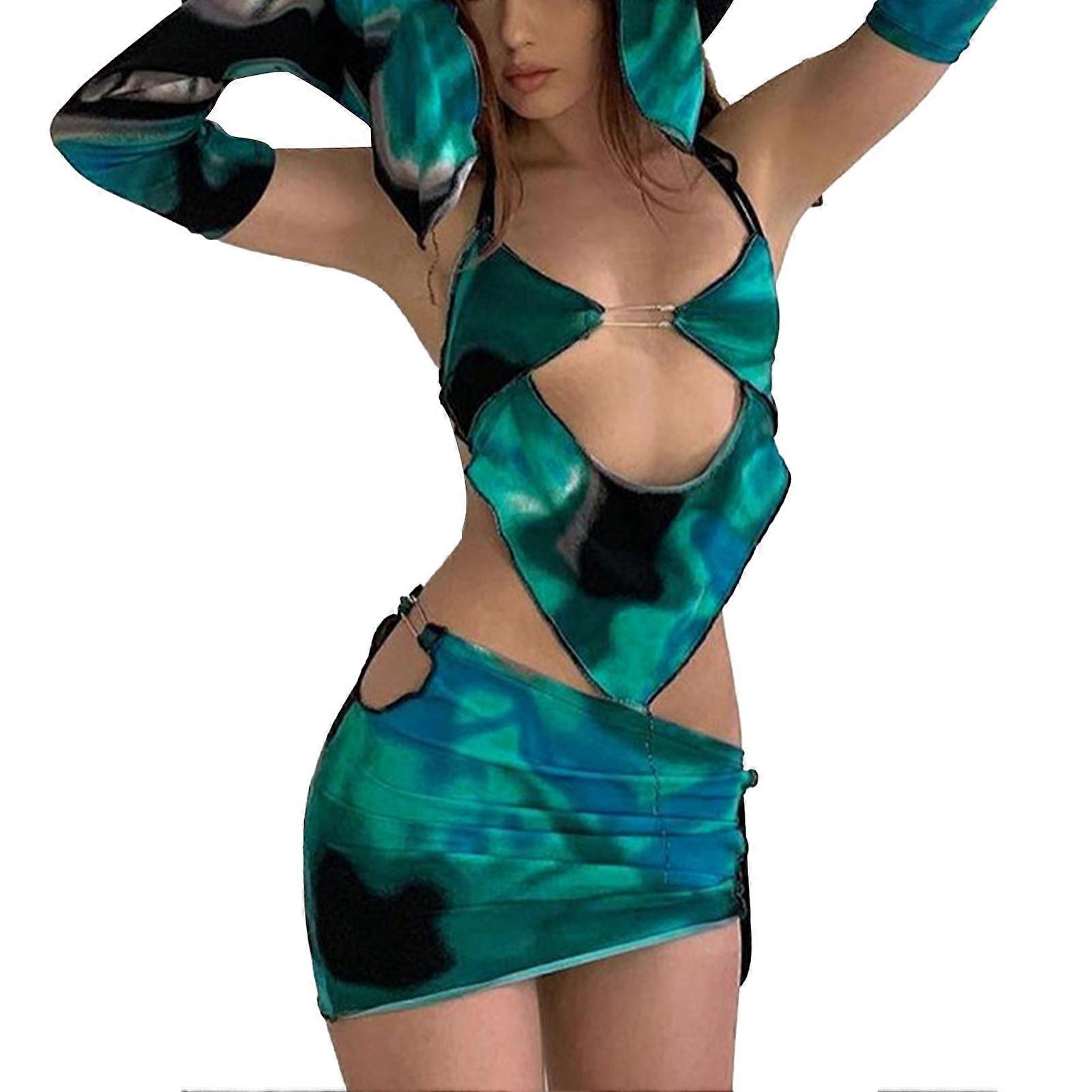 Conjunto de saia feminina com decote halter e saia curta com mangas compridas