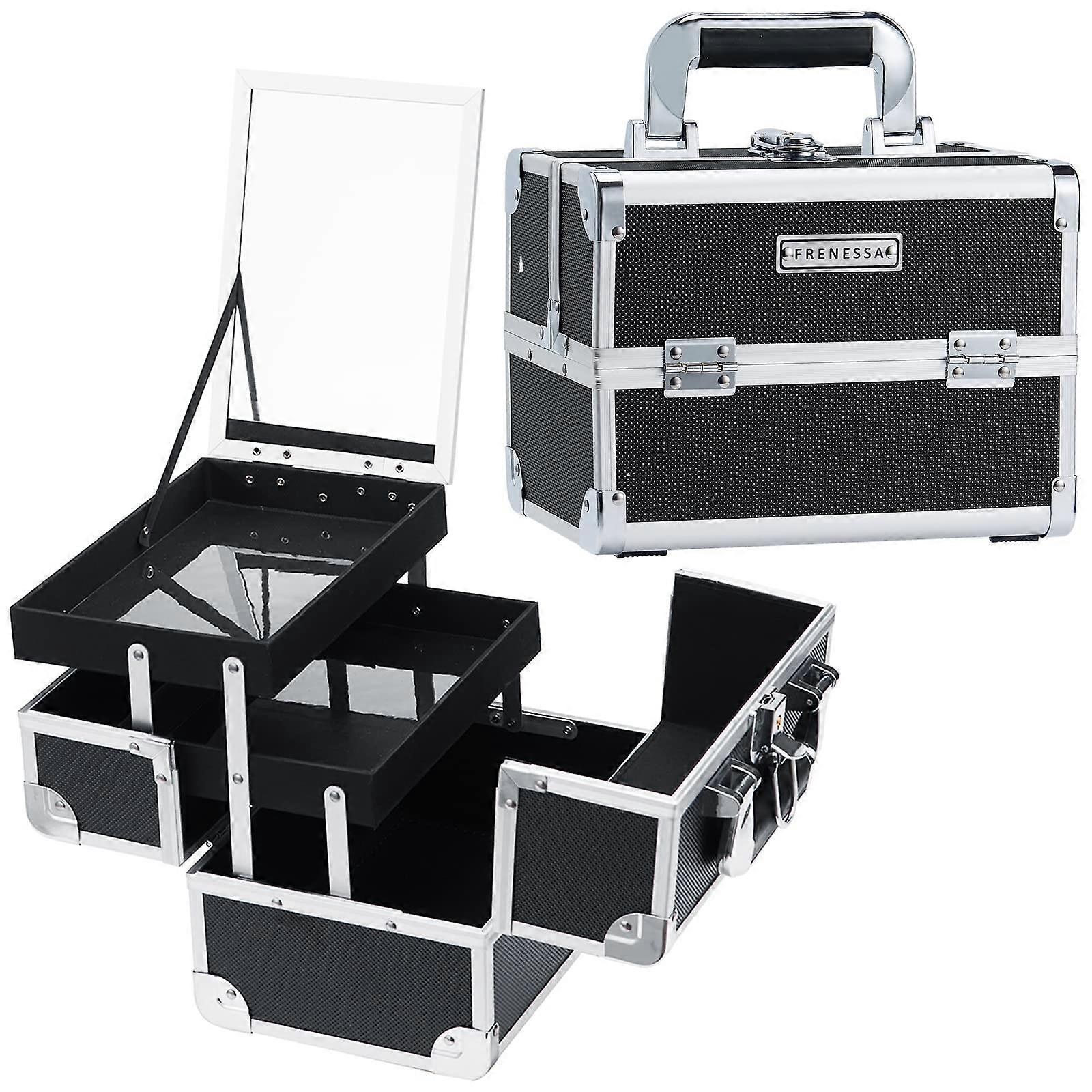 Makeup Train Case with Mirror and Lockable Design, Dual 2 Tray Cosmetic Organizer, Portable Storage Box in Black