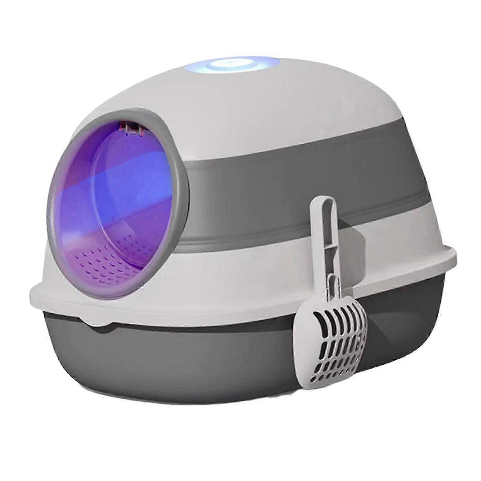 Collapsible Cat Litter Box - Easy Clean Enclosed Kitten House with LED Light (Grey)