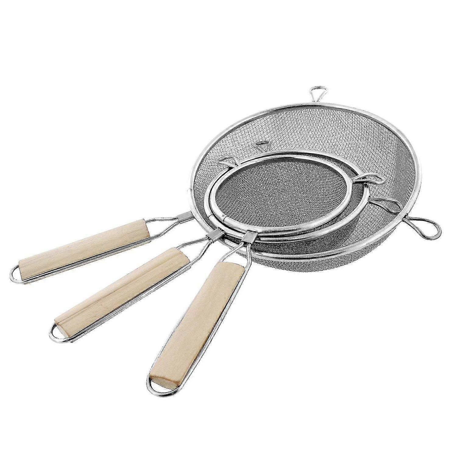 Set Of 3 Premium Quality-double Mesh Extra Fine Stainless Steel Strainers With Comfortable Wooden Handles, 5", 5.5" And 8" Sizes