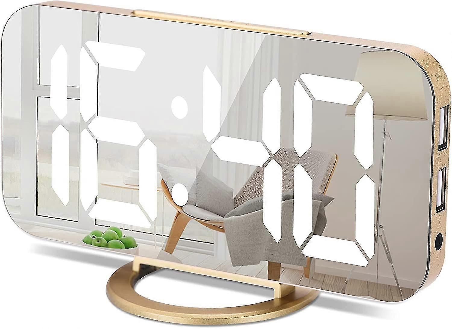 デジタル目覚まし時計、6インチミラーLED時計、デジタルデュアルUSB充電ポート、自動/カスタム明るさ、簡単な昼寝機能、寝室のナイトスタンド目覚まし時計