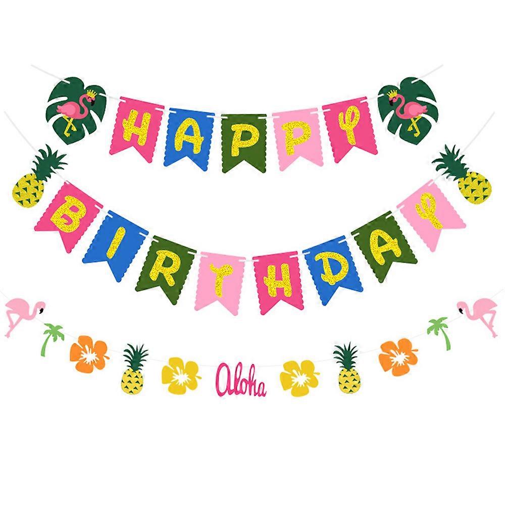 Hawaiian Birthday Party Banners 2 Sets of Felt Garlands with Flamingo for Cheerful Celebration Decorations