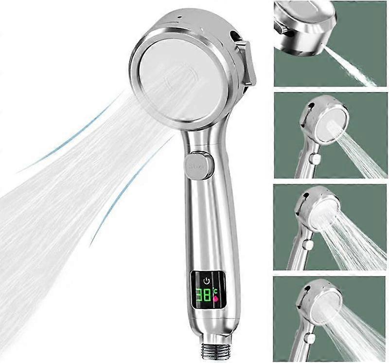 LED Temperature Display Shower Head 4 Shower Modes with Pause Button High Pressure Water Saving Shower Head